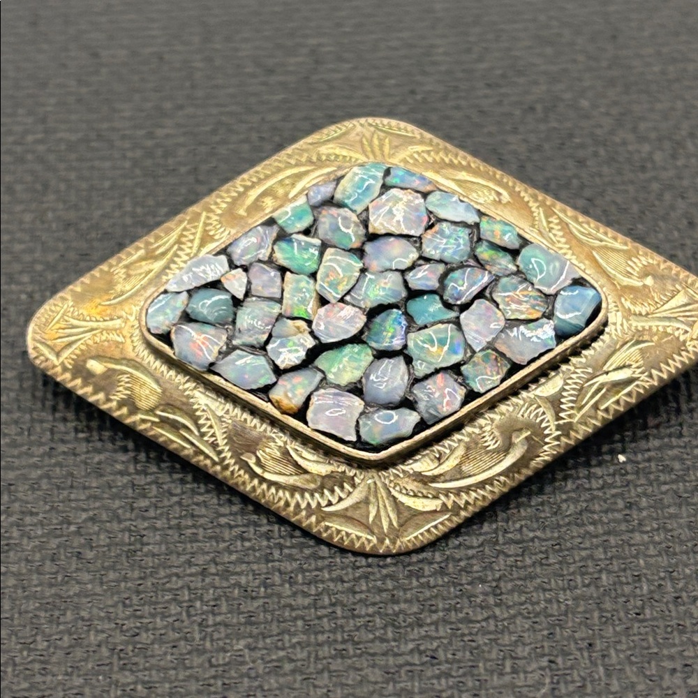 VTG Scandia Mosaic Raw Opal Diamond Shaped Brooch John Eisen Australia Silver - Picture 5 of 9